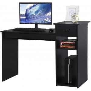 Mighty Rock Home Office Computer Desk, Wooden Study Writing Table with Drawer and Storage Shelves Black